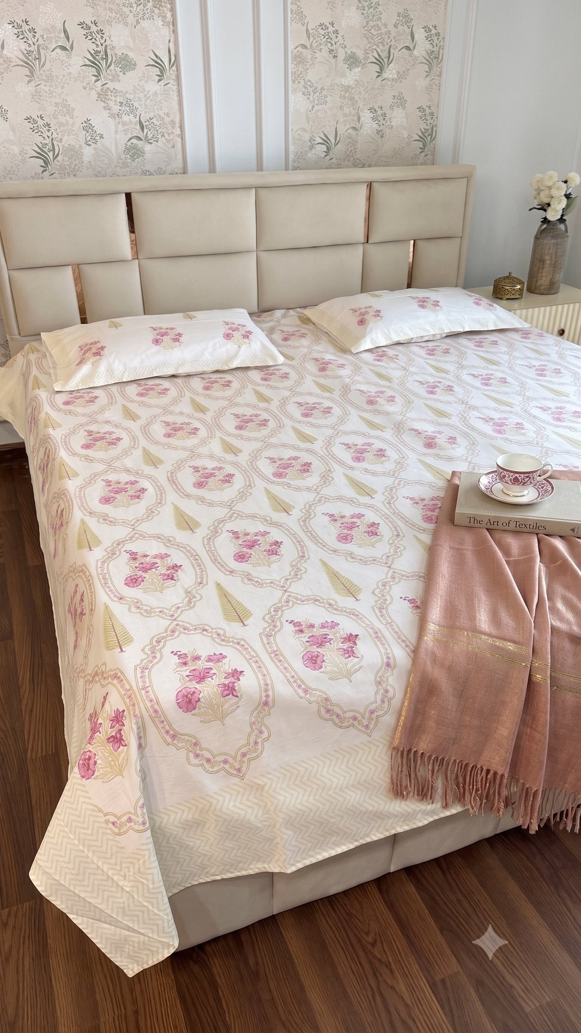 Framed Magenta Blossoms Sanganeri hand block printed king bedsheet — Artisan's Thread