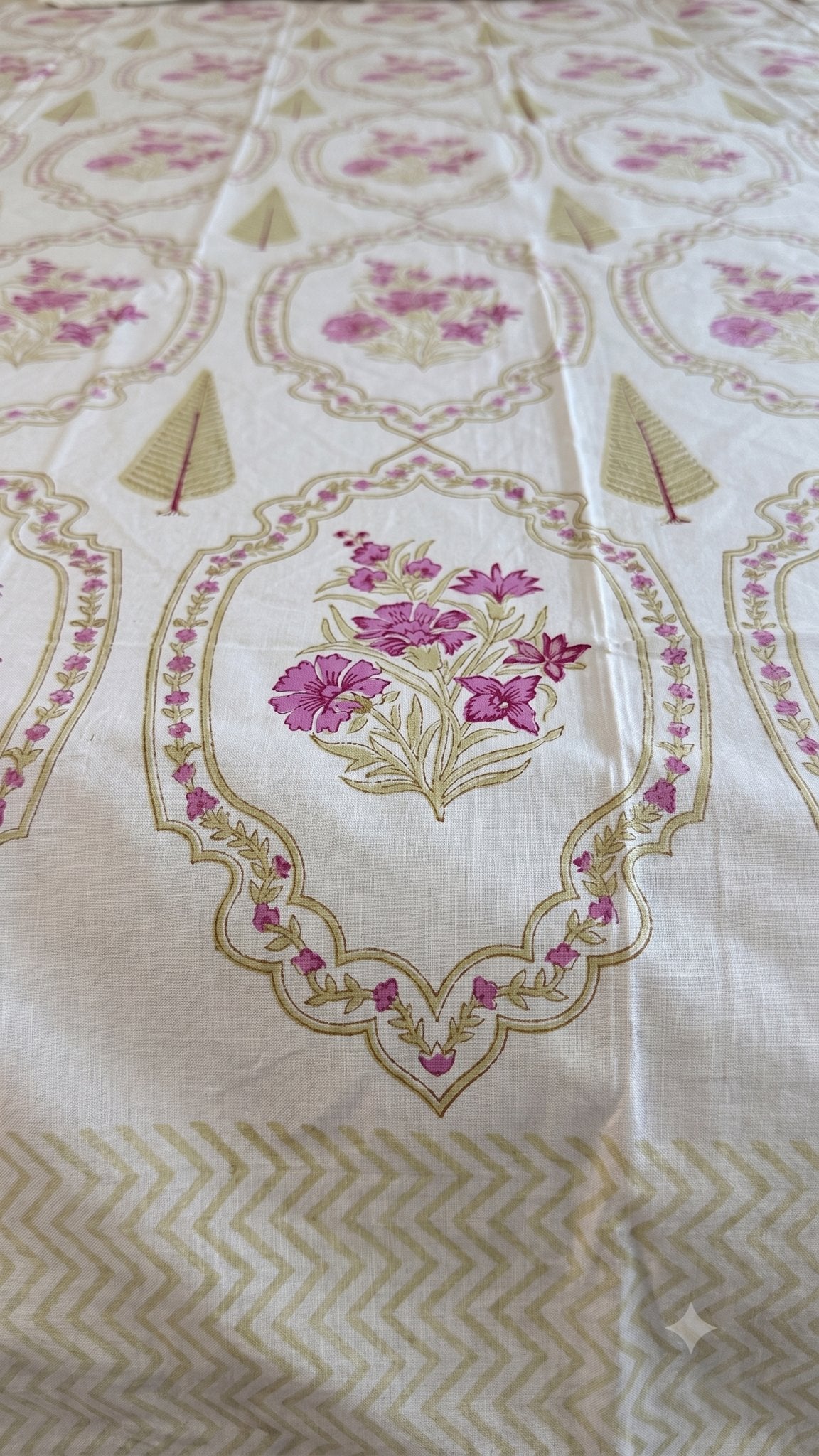 Framed Magenta Blossoms Sanganeri hand block printed king bedsheet — Artisan's Thread