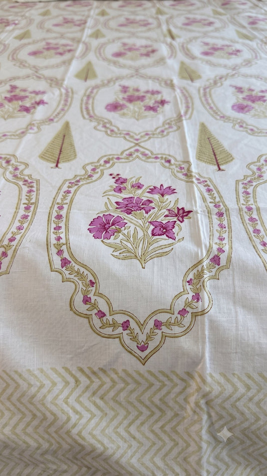 Framed Magenta Blossoms Sanganeri hand block printed king bedsheet — Artisan's Thread
