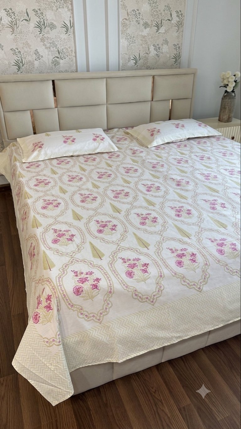 Framed Magenta Blossoms Sanganeri hand block printed king bedsheet — Artisan's Thread