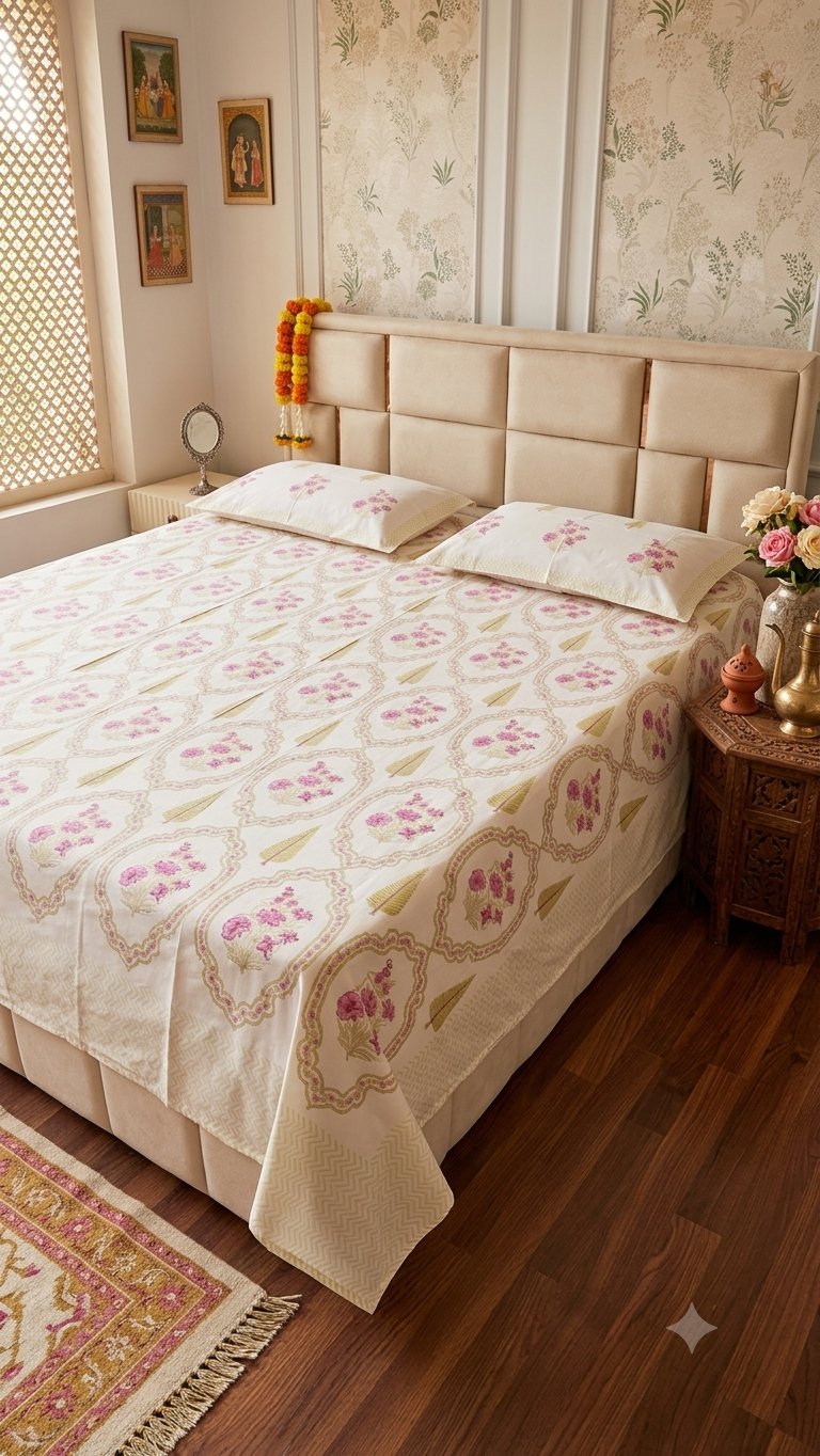 Framed Magenta Blossoms Sanganeri hand block printed king bedsheet — Artisan's Thread