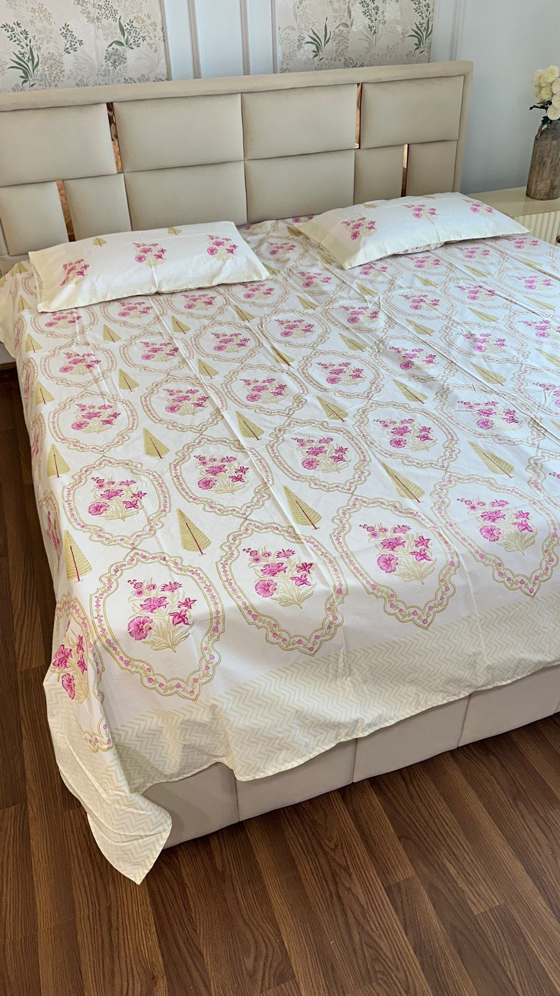Framed Magenta Blossoms Sanganeri hand block printed king bedsheet — Artisan's Thread
