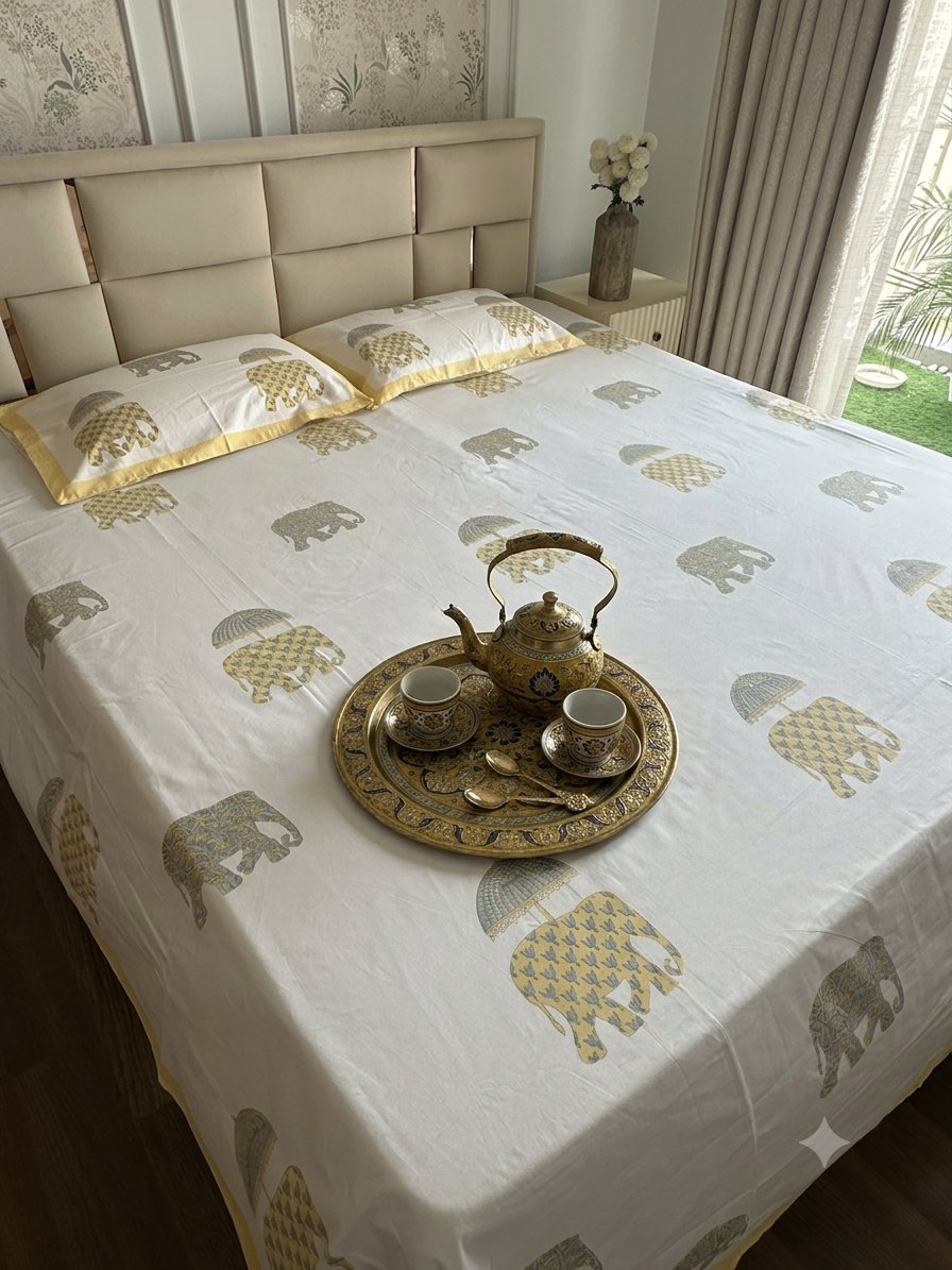 Hathii & Chhatri Sanganeri hand block printed king bedsheet — Artisan's Thread
