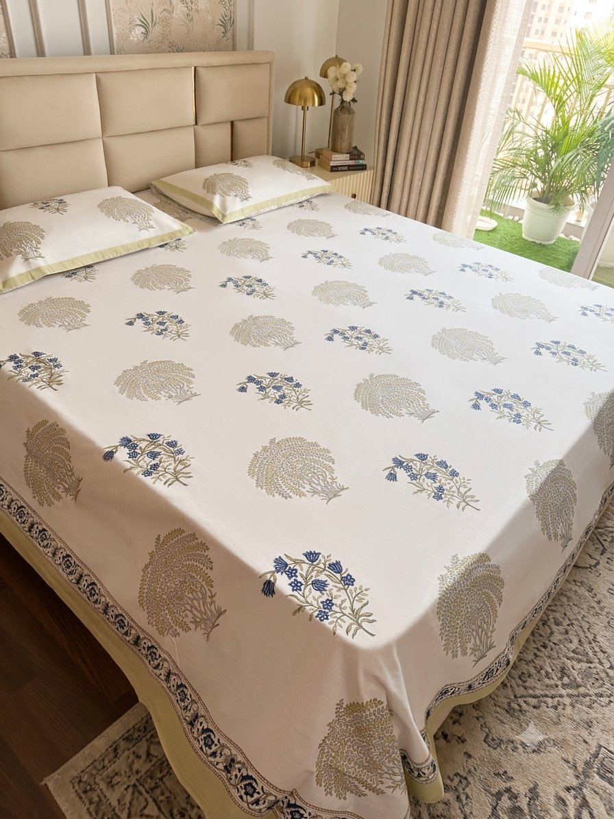 Indigo Olive Heritage Sanganeri hand block printed king bedsheet — Artisan's Thread