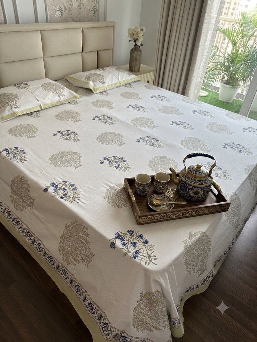 Indigo Olive Heritage Sanganeri hand block printed king bedsheet — Artisan's Thread