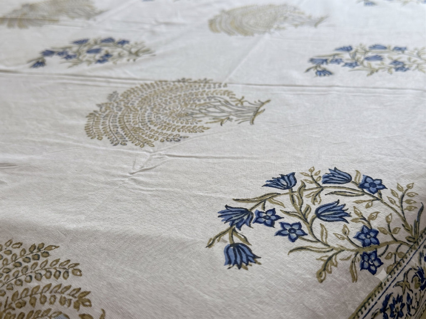 Indigo Olive Heritage Sanganeri hand block printed king bedsheet — Artisan's Thread
