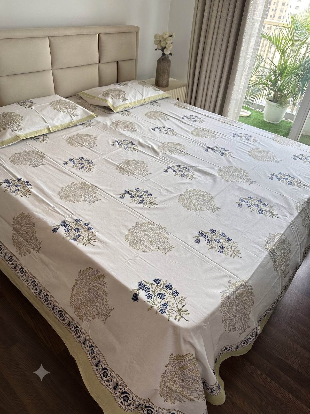 Indigo Olive Heritage Sanganeri hand block printed king bedsheet — Artisan's Thread