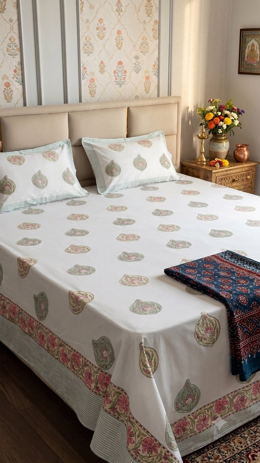 Mughal Paisley Sanganeri hand block printed king bedsheet — Artisan's Thread