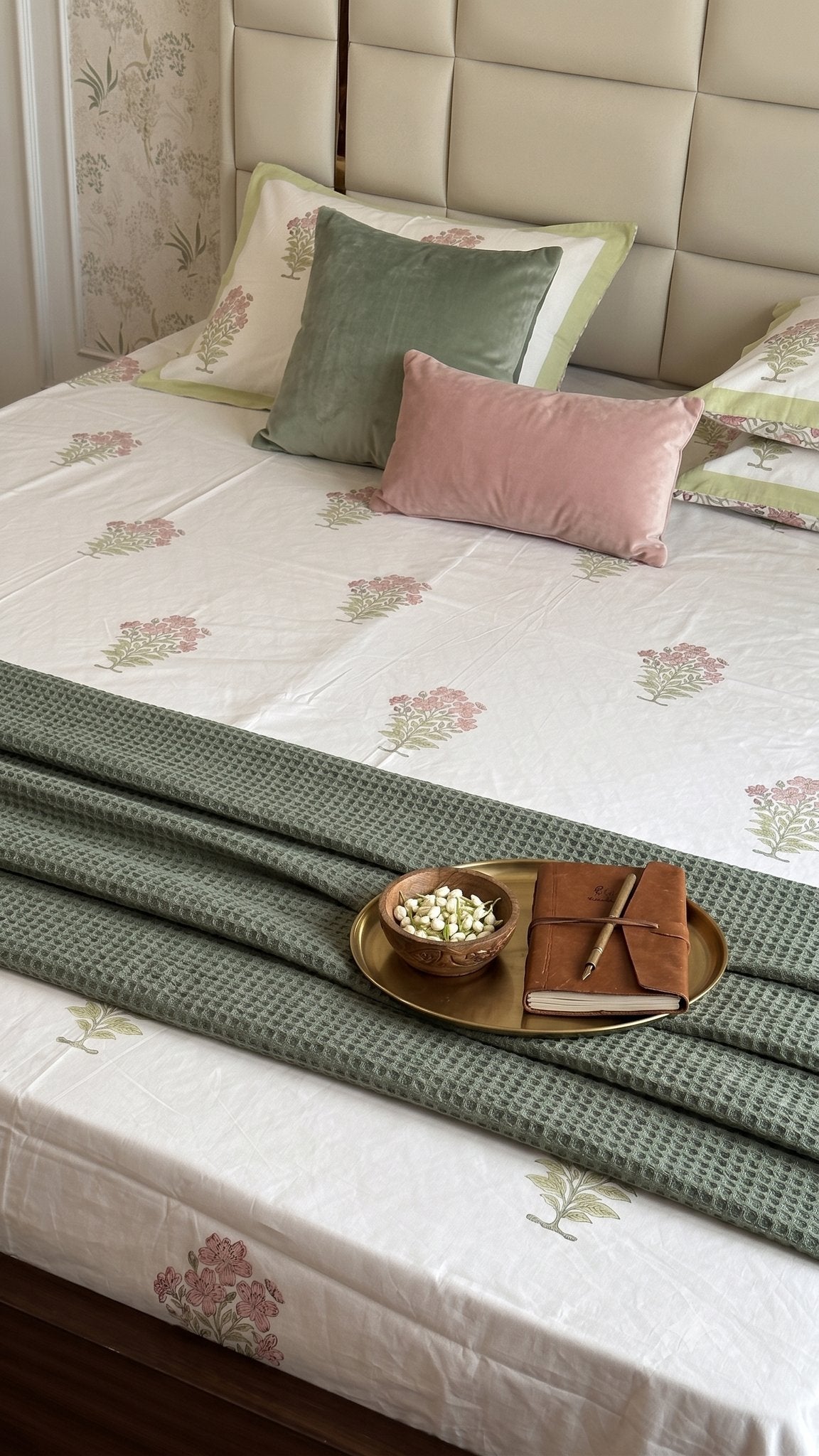 Pink & Green Sage Sanganeri hand block printed king bedsheet — Artisan's Thread