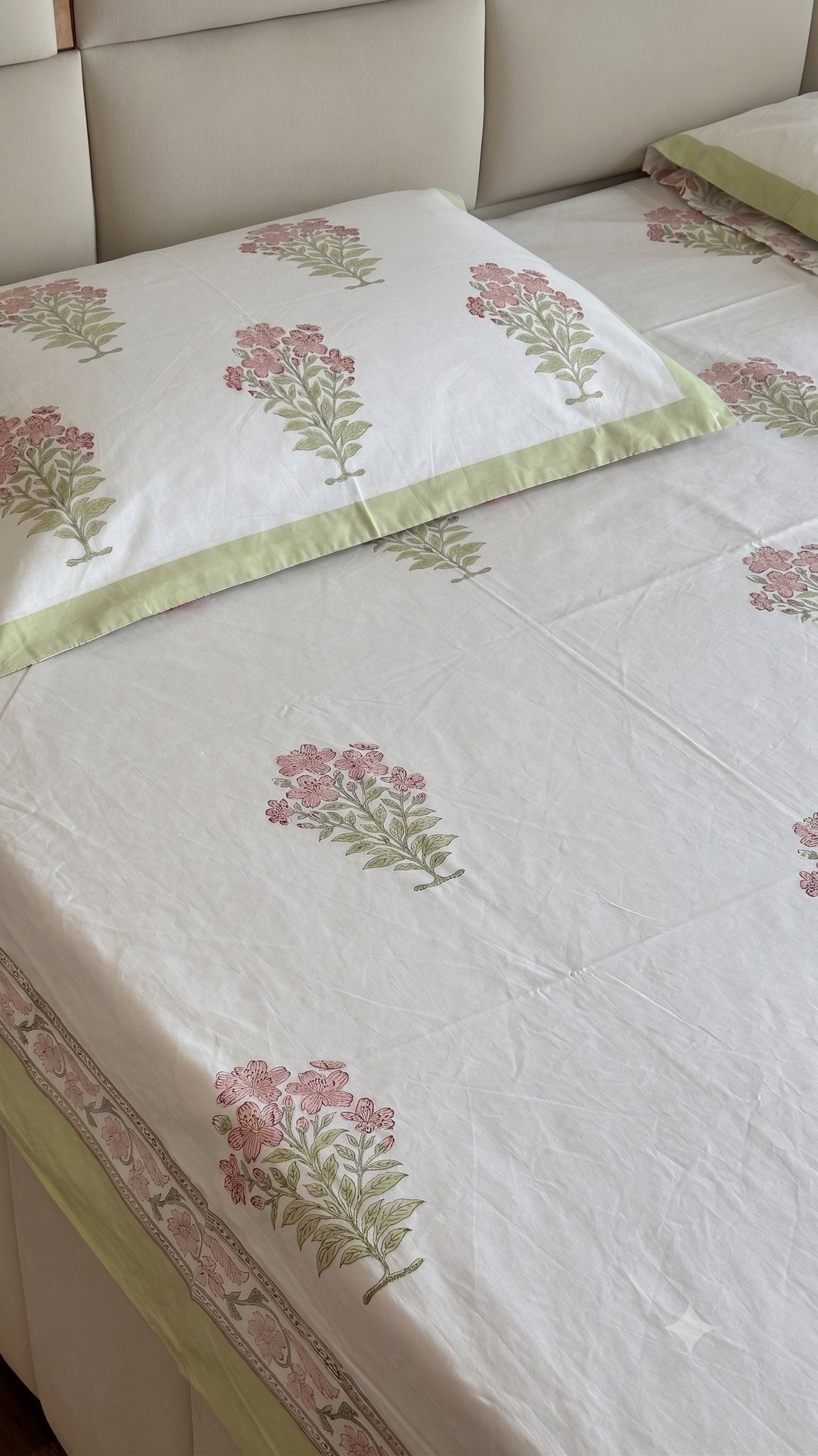 Pink & Green Sage Sanganeri hand block printed king bedsheet — Artisan's Thread