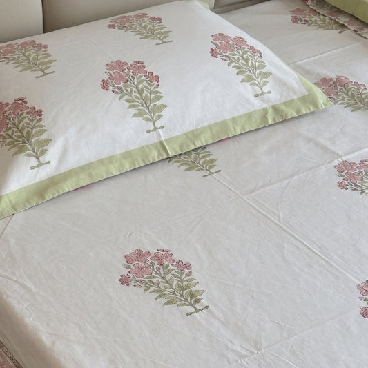 Pink & Green Sage Sanganeri hand block printed king bedsheet — Artisan's Thread