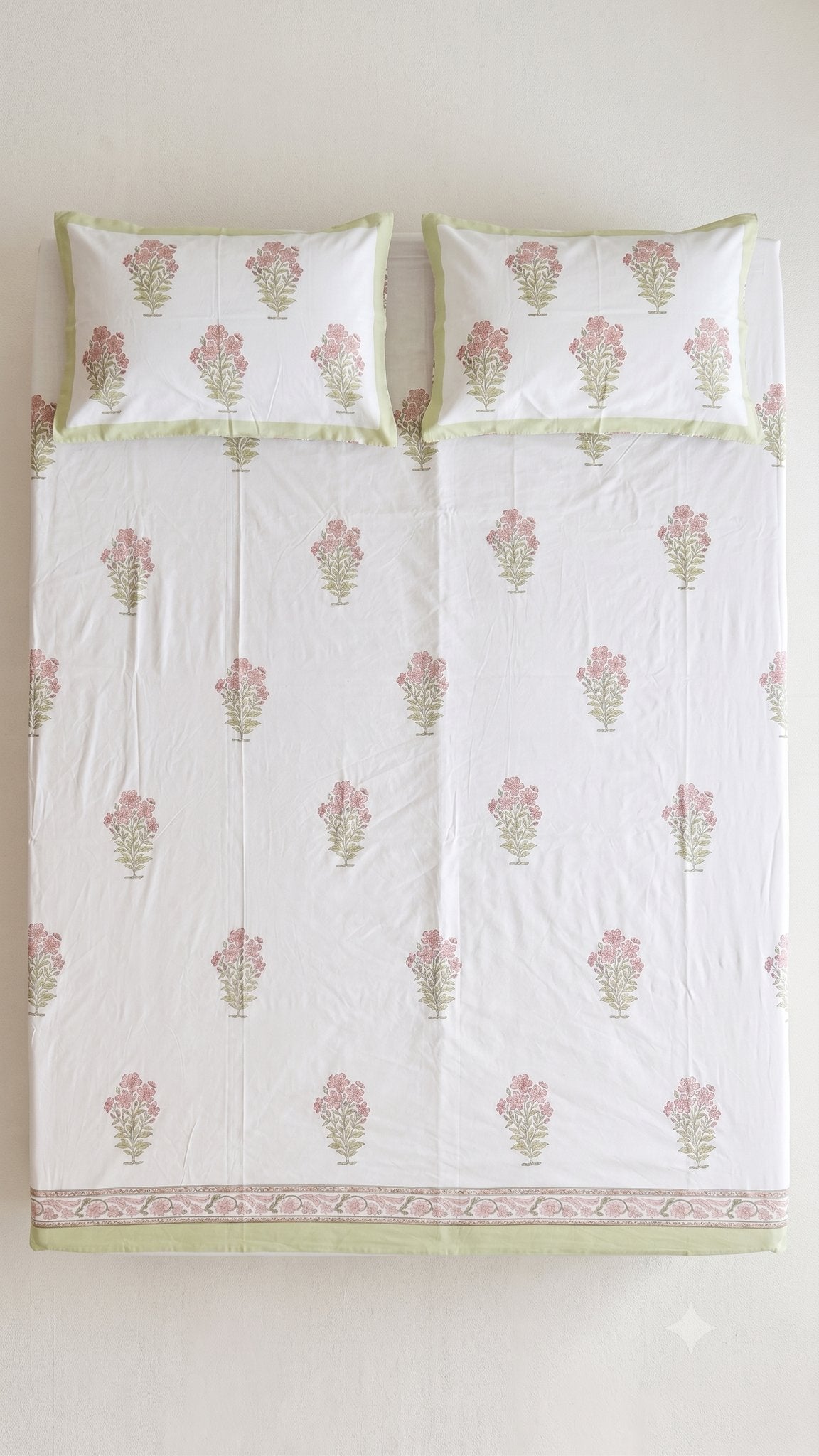 Pink & Green Sage Sanganeri hand block printed king bedsheet — Artisan's Thread