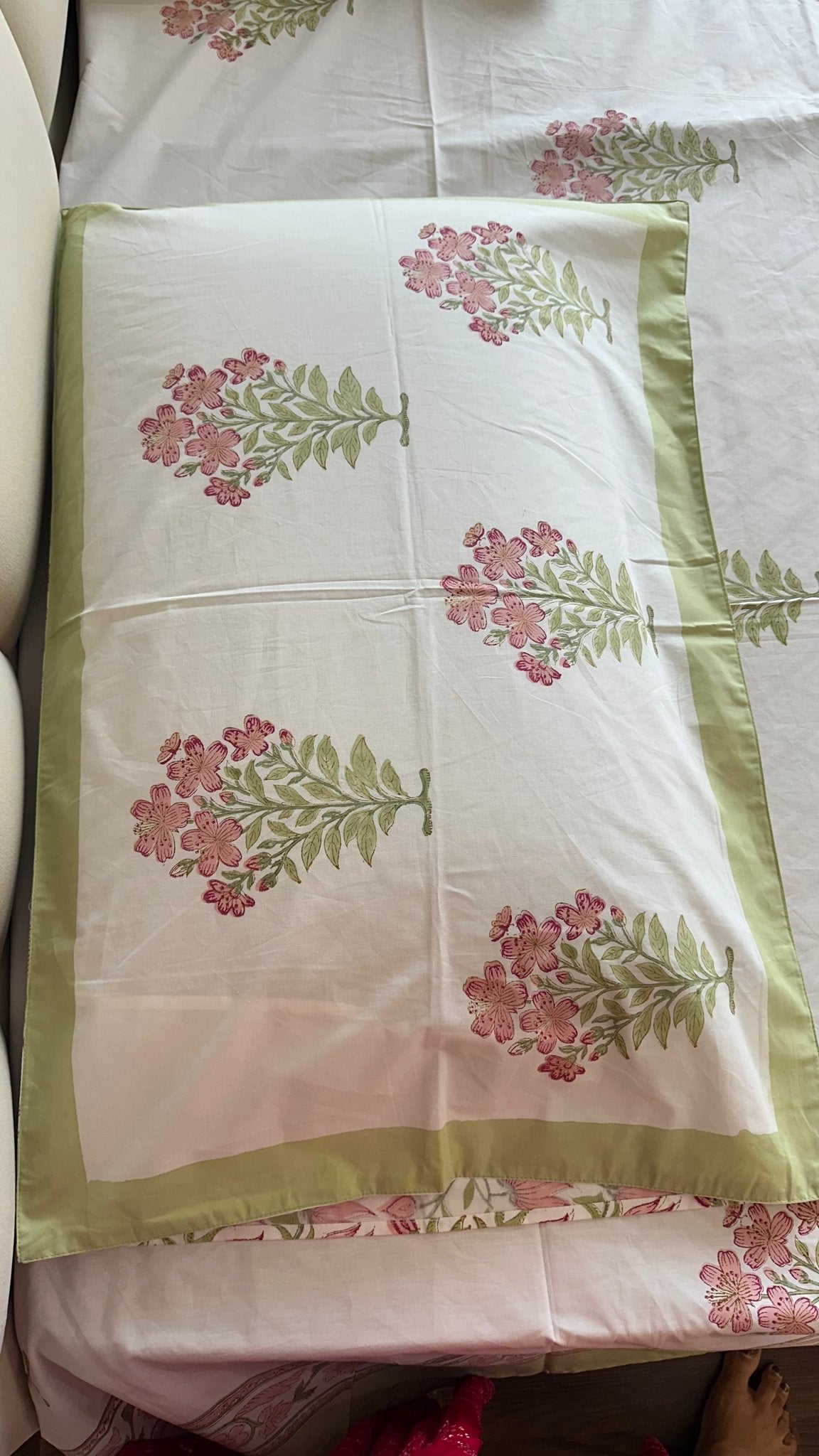 Pink & Green Sage Sanganeri hand block printed king bedsheet — Artisan's Thread