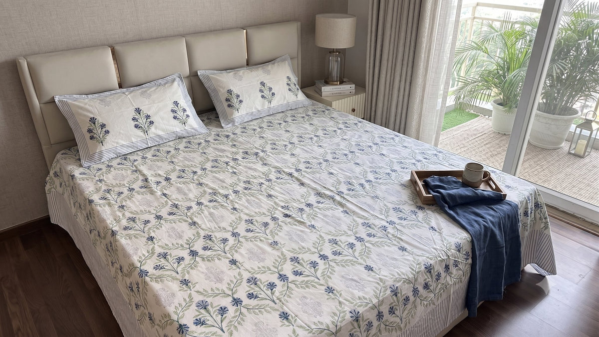 The Classic Indigo Jaal Sanganeri hand block printed king bedsheet — Artisan's Thread