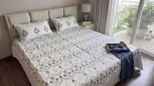 The Classic Indigo Jaal Sanganeri hand block printed king bedsheet — Artisan's Thread