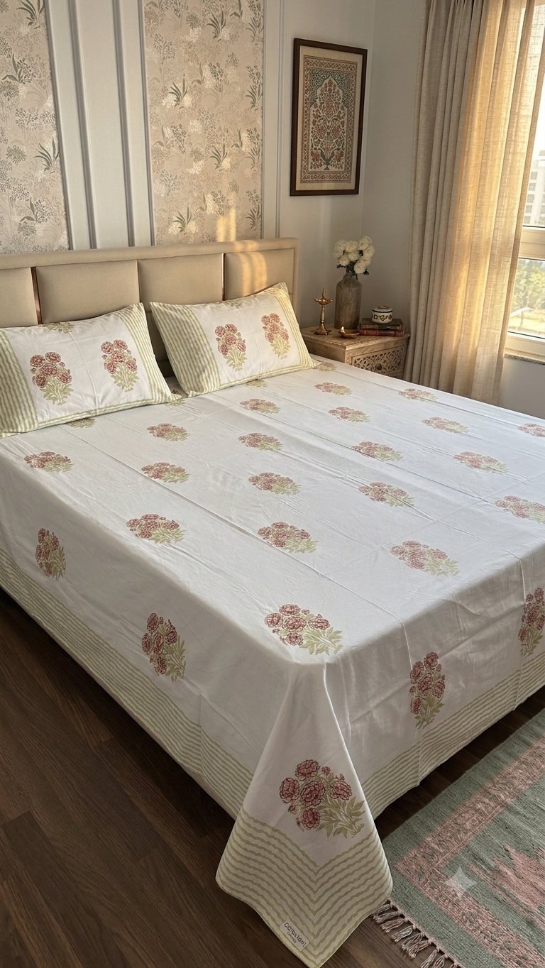 The Dusty Rose Sanganeri hand block printed king bedsheet — Artisan's Thread