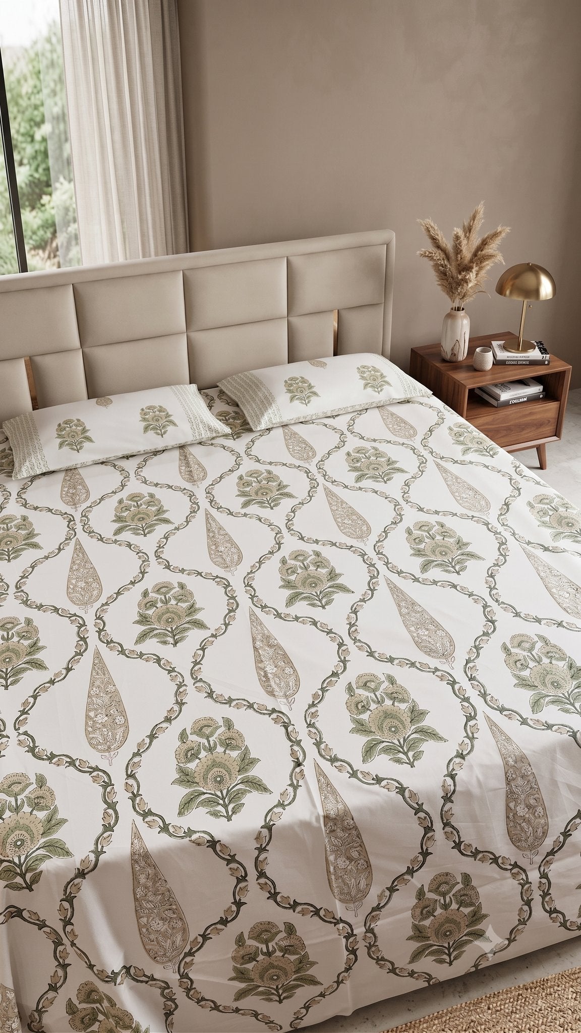 The Olive Ogee Sanganeri hand block printed king bedsheet — Artisan's Thread
