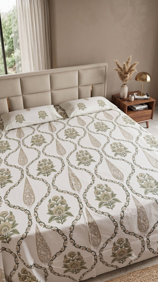 The Olive Ogee Sanganeri hand block printed king bedsheet — Artisan's Thread