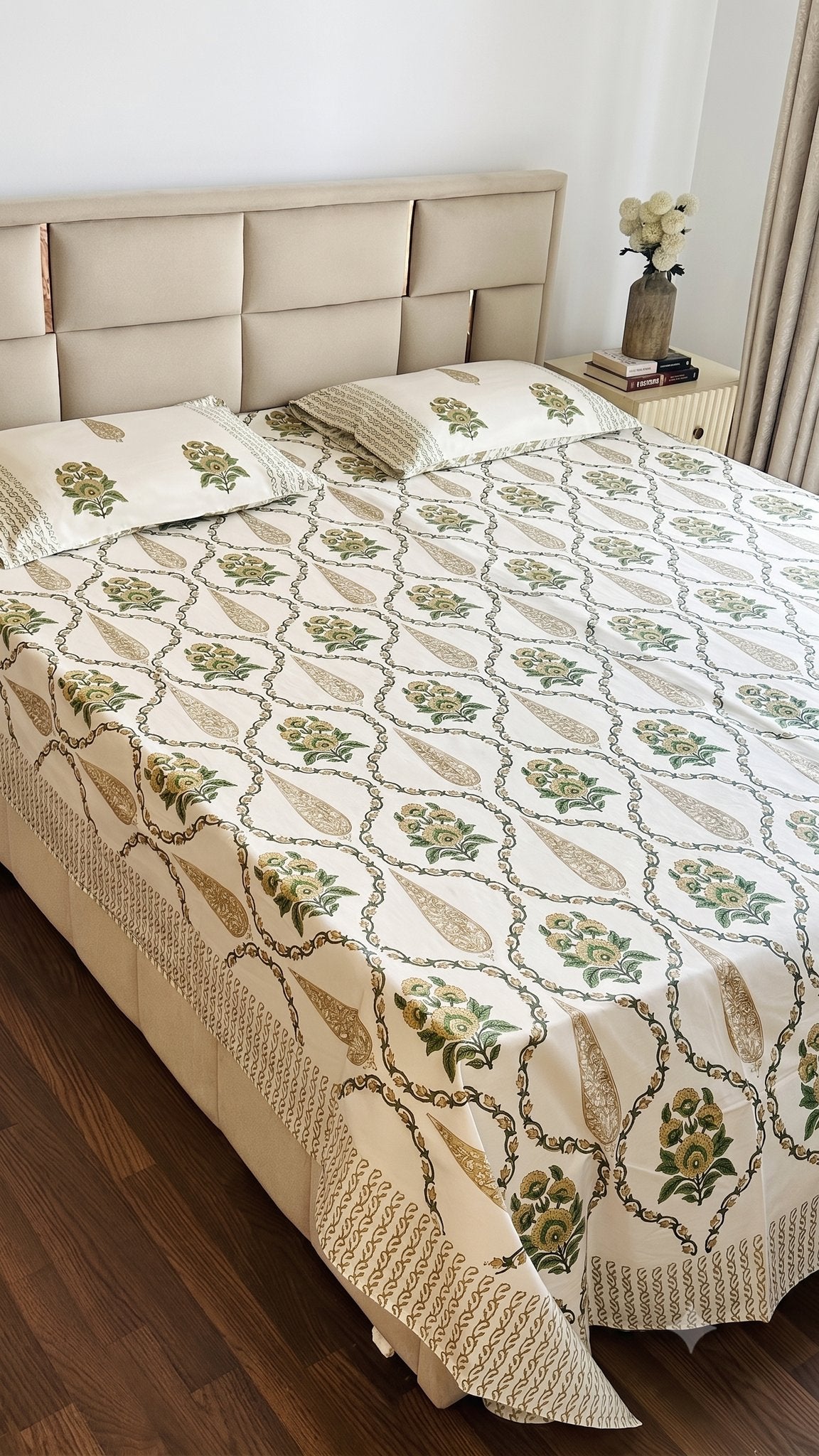 The Olive Ogee Sanganeri hand block printed king bedsheet — Artisan's Thread