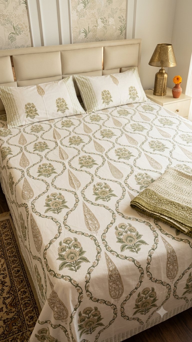 The Olive Ogee Sanganeri hand block printed king bedsheet — Artisan's Thread