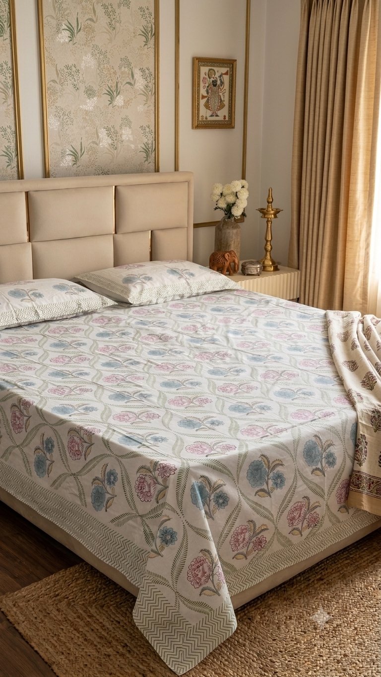 Vintage Bloom Sanganeri hand block printed king bedsheet — Artisan's Thread
