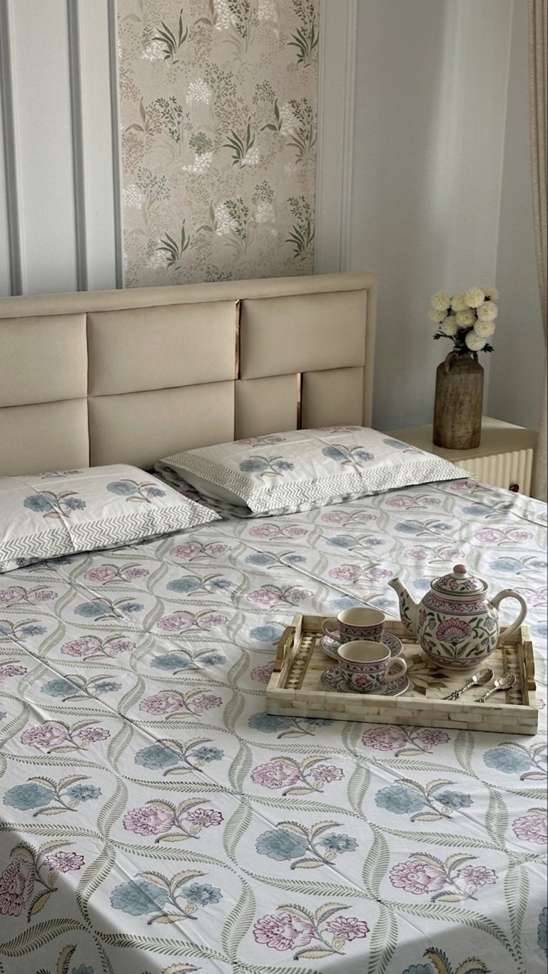Vintage Bloom Sanganeri hand block printed king bedsheet — Artisan's Thread