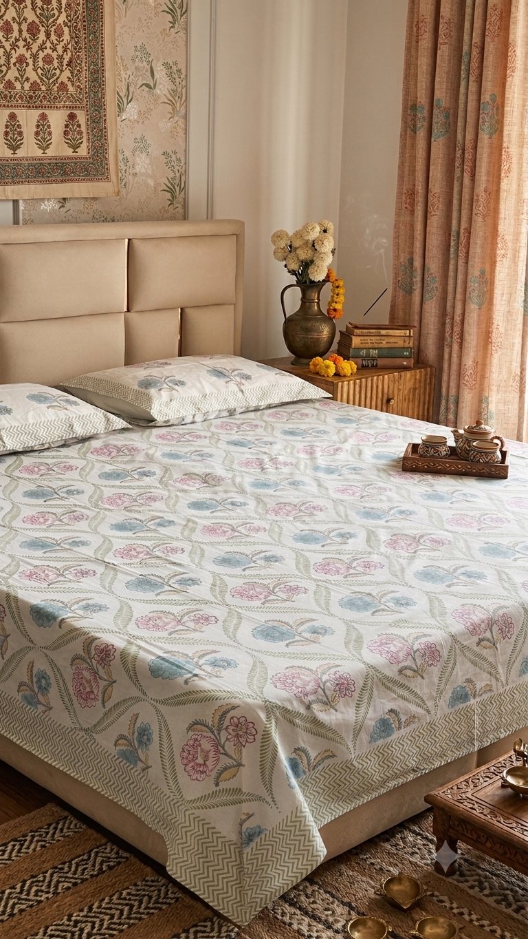 Vintage Bloom Sanganeri hand block printed king bedsheet — Artisan's Thread