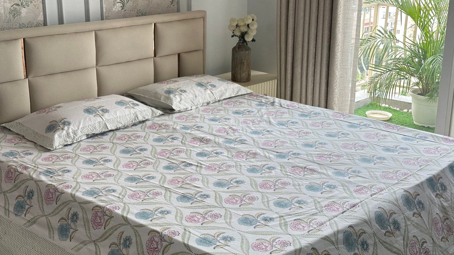 Vintage Bloom Sanganeri hand block printed king bedsheet — Artisan's Thread