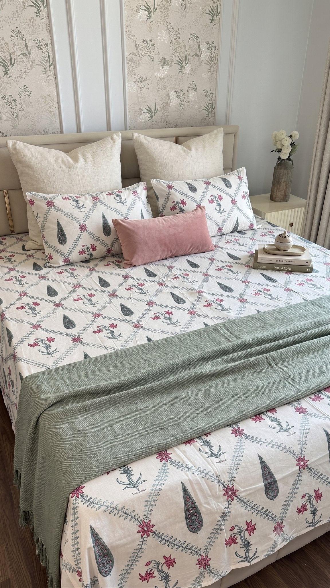 The Spring Courtyard Sanganeri hand block printed king bedsheet — Artisan's Thread