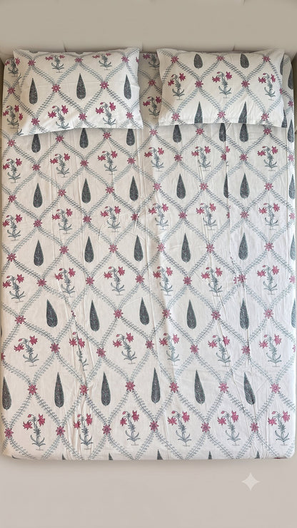 The Spring Courtyard Sanganeri hand block printed king bedsheet — Artisan's Thread