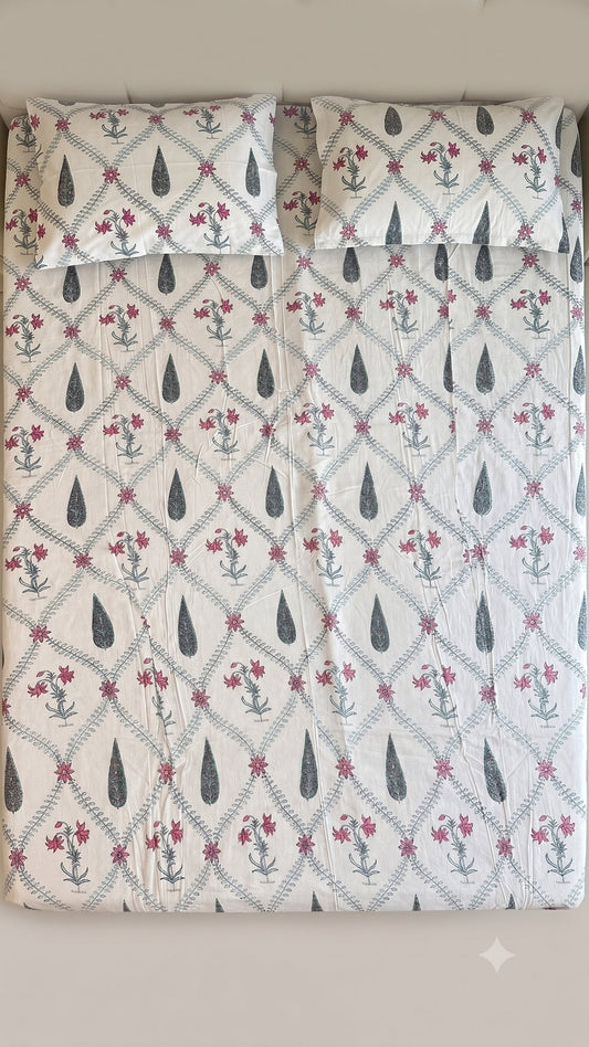 The Spring Courtyard Sanganeri hand block printed king bedsheet — Artisan's Thread