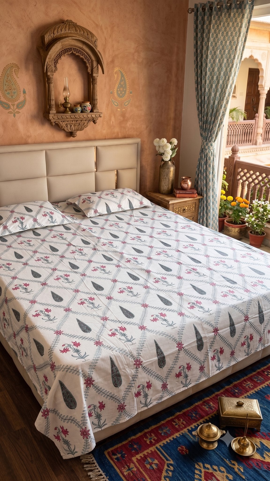 The Spring Courtyard Sanganeri hand block printed king bedsheet — Artisan's Thread