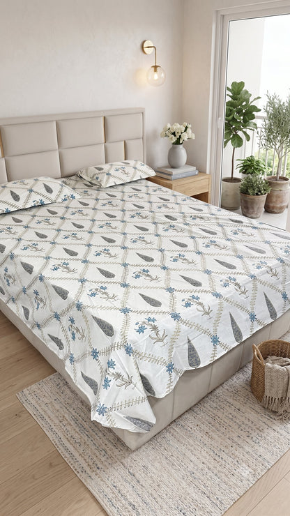 Blue and Green Paisley Sanganeri hand block printed king bedsheet — Artisan's Thread