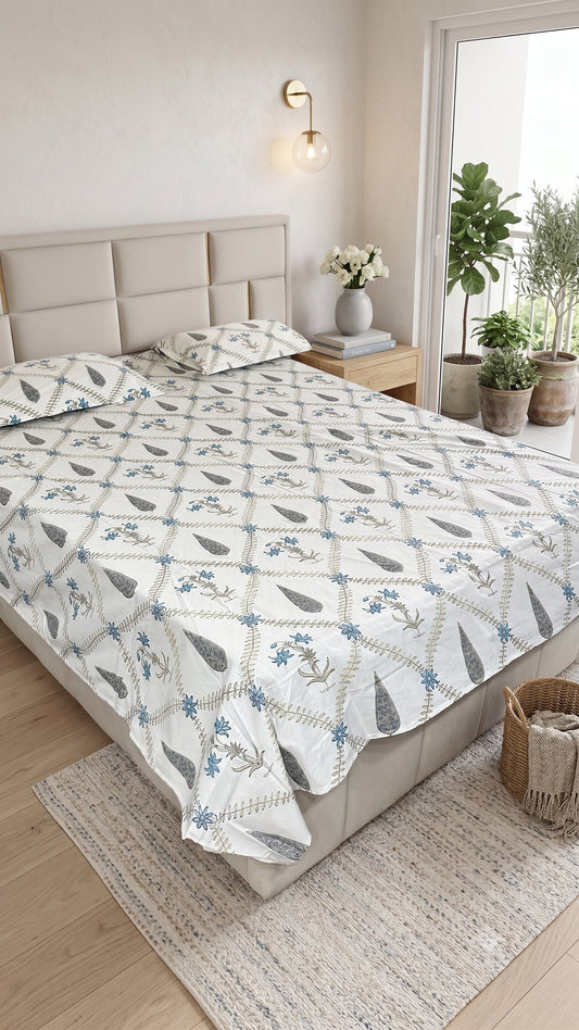 Blue and Green Paisley Sanganeri hand block printed king bedsheet — Artisan's Thread