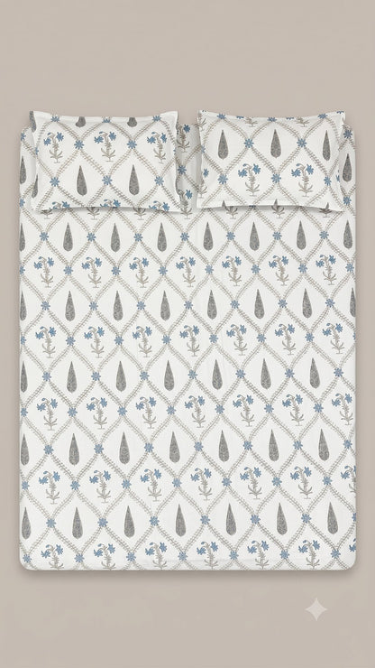 Blue and Green Paisley Sanganeri hand block printed king bedsheet — Artisan's Thread
