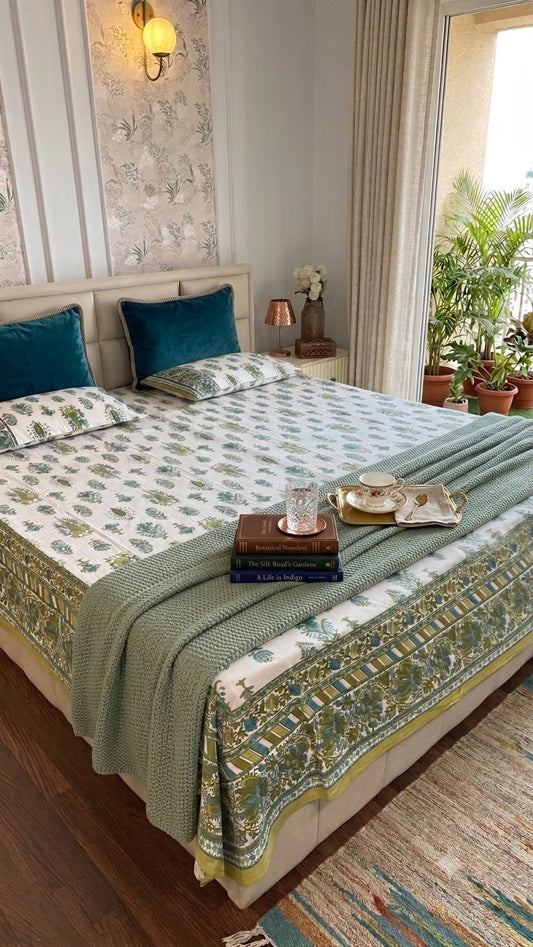 Emerald and Green Canopy Sanganeri hand block printed king bedsheet — Artisan's Thread