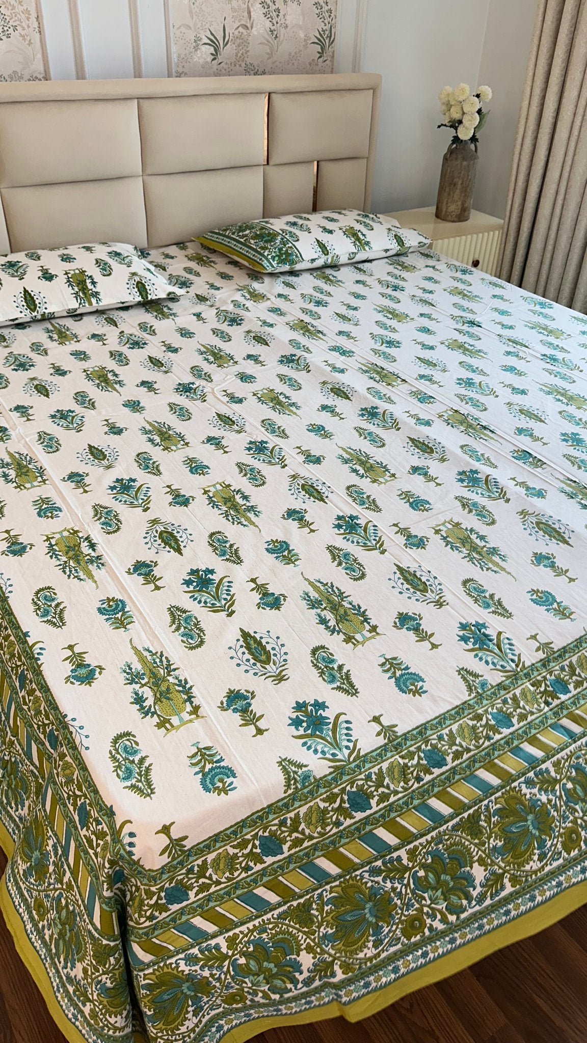 Emerald and Green Canopy Sanganeri hand block printed king bedsheet — Artisan's Thread