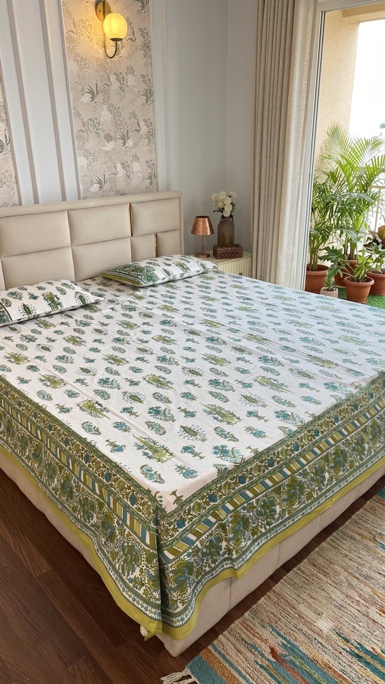 Emerald and Green Canopy Sanganeri hand block printed king bedsheet — Artisan's Thread