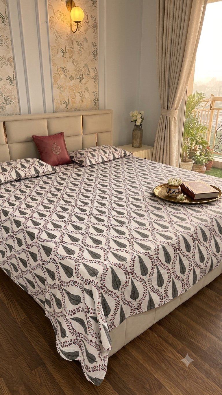 Midnight Fern Sanganeri hand block printed king bedsheet — Artisan's Thread