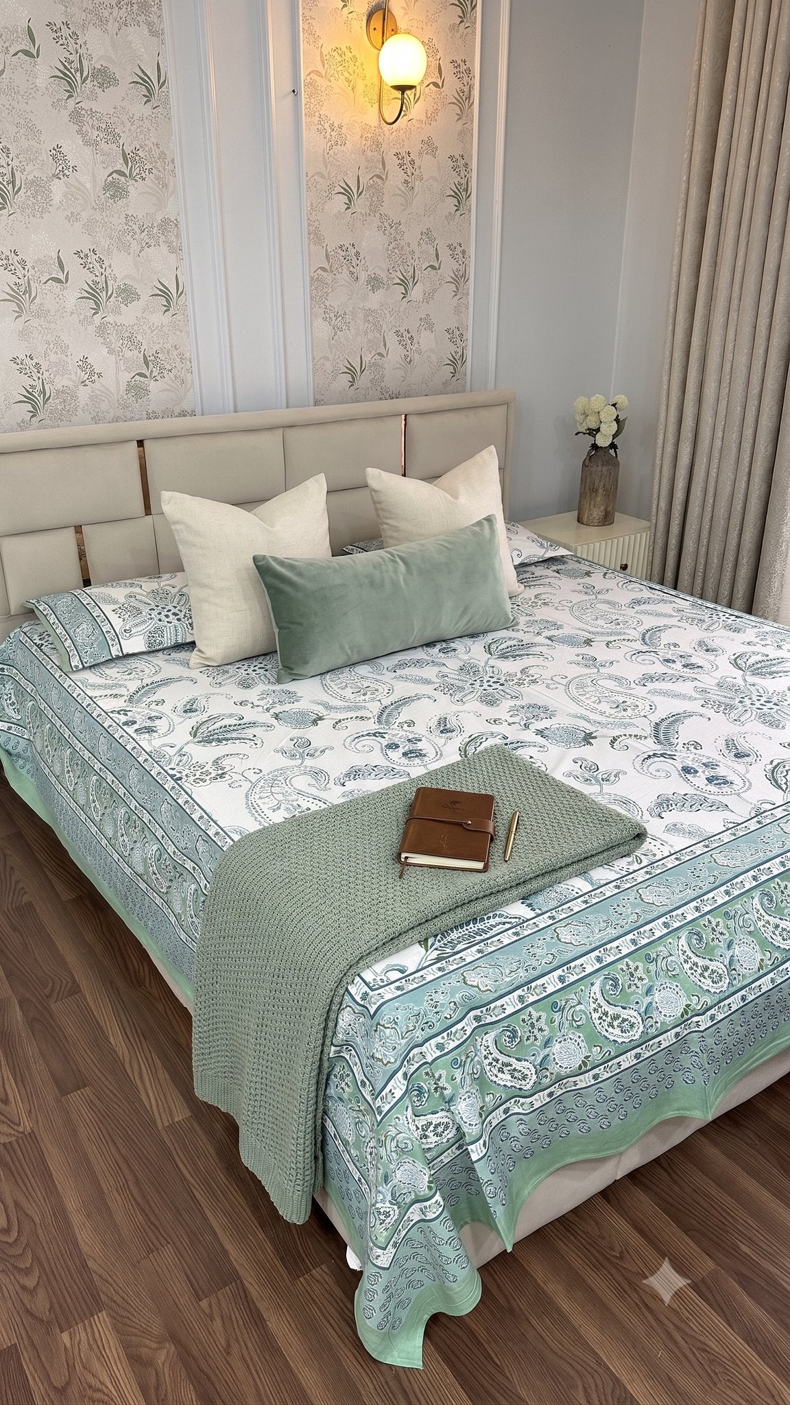 Sanganeri Mint Ambi Sanganeri hand block printed king bedsheet — Artisan's Thread