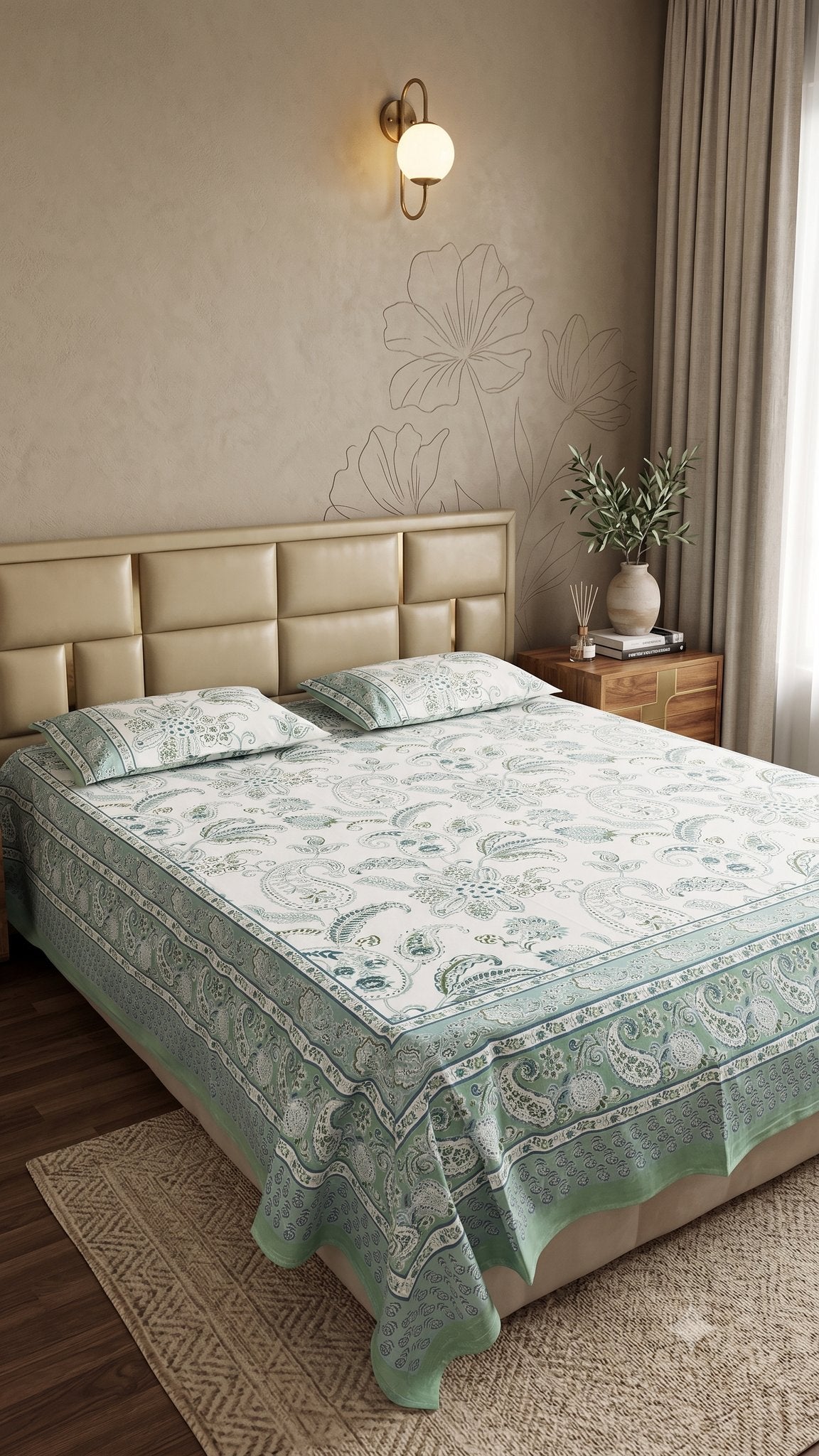 Sanganeri Mint Ambi Sanganeri hand block printed king bedsheet — Artisan's Thread