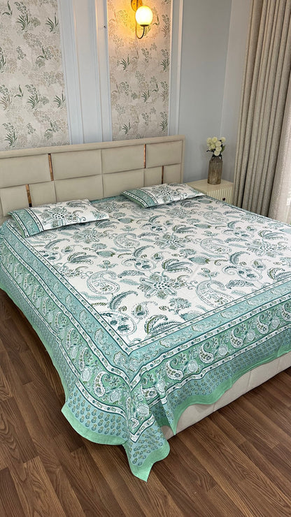 Sanganeri Mint Ambi Sanganeri hand block printed king bedsheet — Artisan's Thread