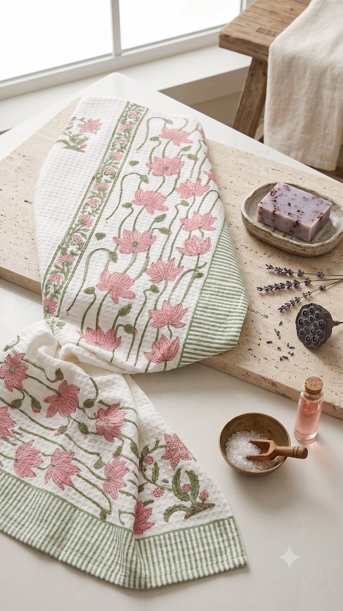 Pink Lotus hand block printed waffle cotton towel — Artisan's Thread
