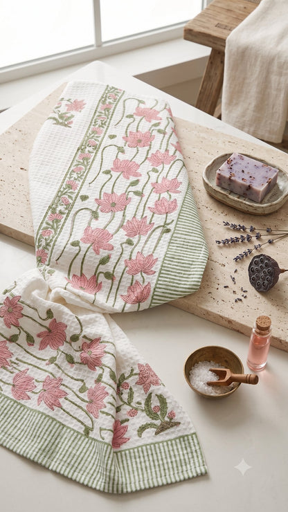 Pink Lotus hand block printed waffle cotton towel — Artisan's Thread