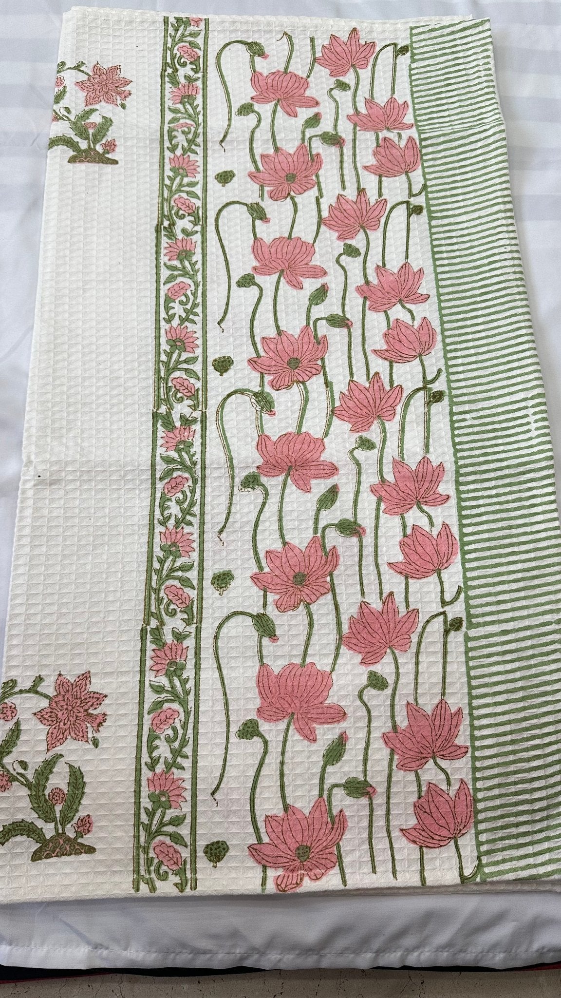 Pink Lotus hand block printed waffle cotton towel — Artisan's Thread
