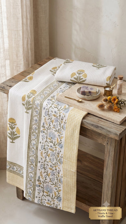Marigold & Indigo hand block printed waffle cotton towel — Artisan's Thread