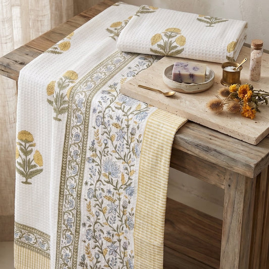 Marigold & Indigo hand block printed waffle cotton towel — Artisan's Thread