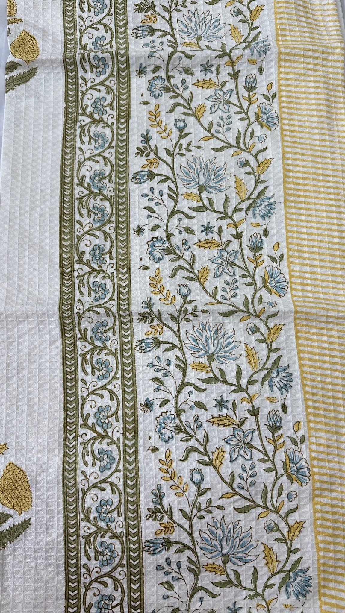 Marigold & Indigo hand block printed waffle cotton towel — Artisan's Thread