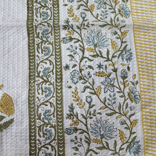 Marigold & Indigo hand block printed waffle cotton towel — Artisan's Thread