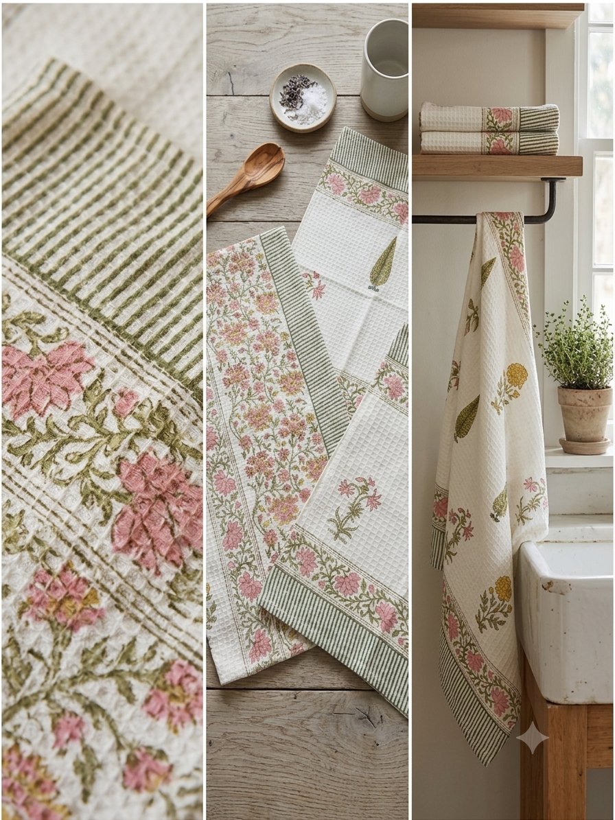 Blush Bougainvillea hand block printed waffle cotton towel — Artisan's Thread